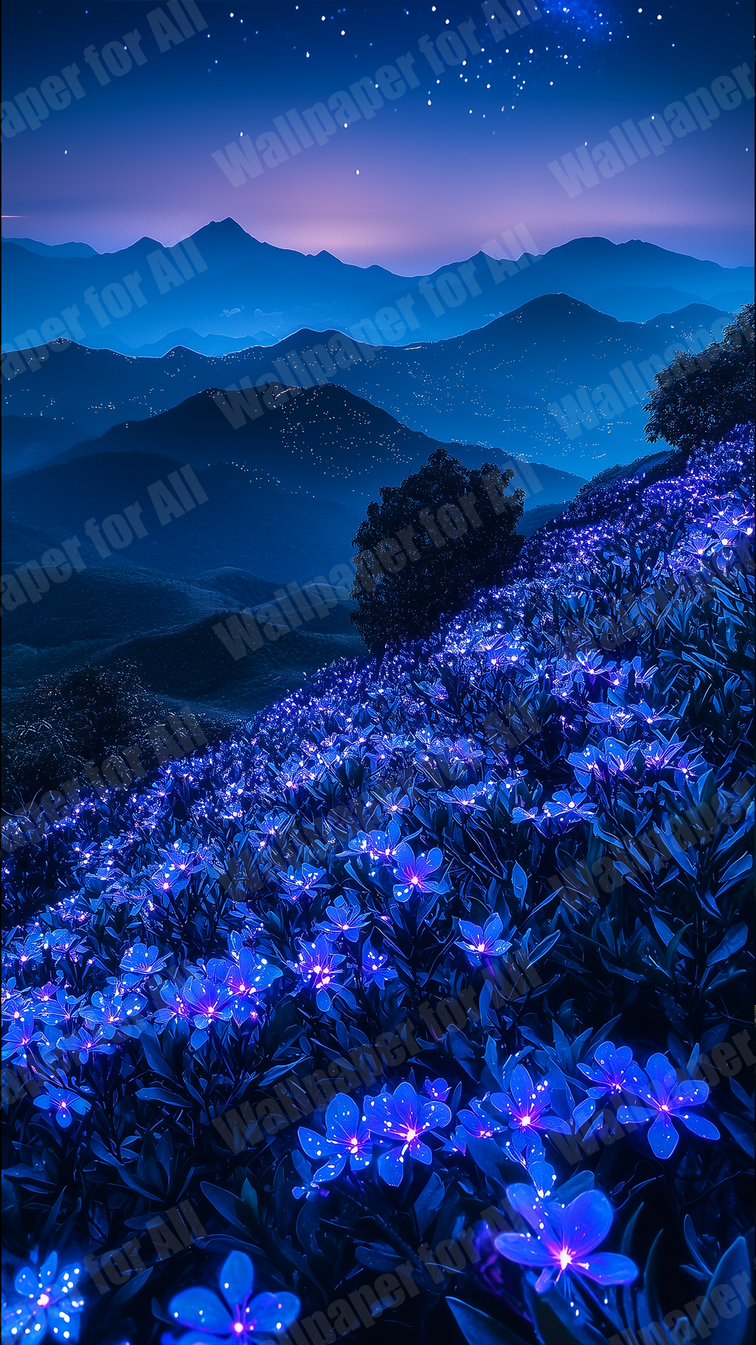 Bioluminescent Nightscape – Glowing Flowers Under a Starlit Sky