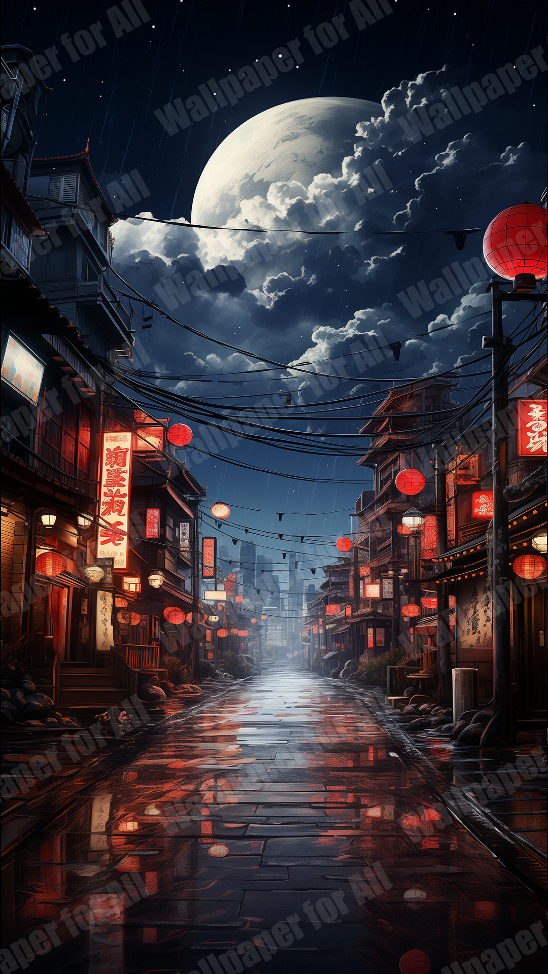 Lunar Streets – Midnight Alley Under a Giant Moon | Cyberpunk Urban Wallpaper